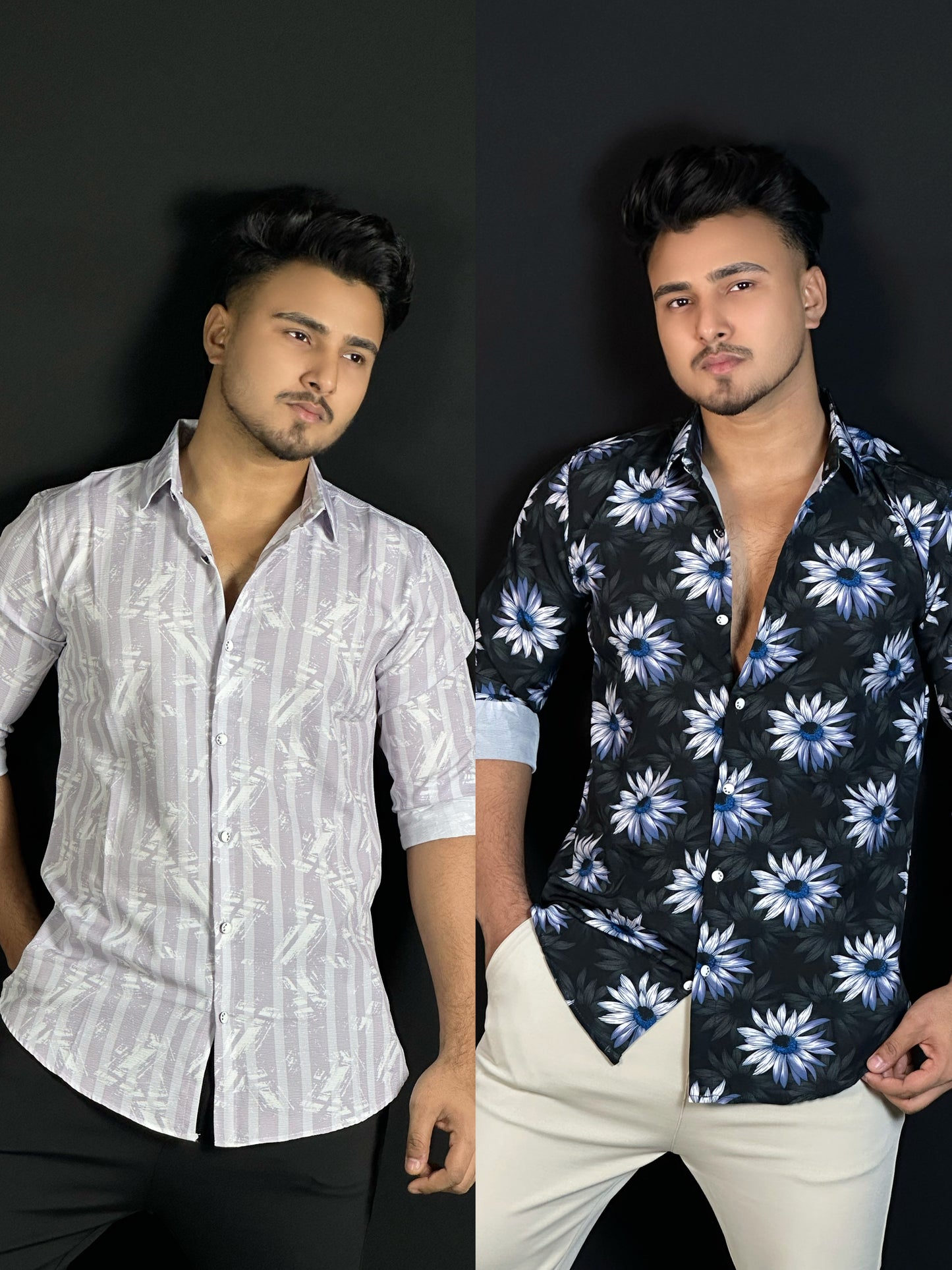 পার্পেল হোয়াইট, ব্লু ব্ল্যাক, ২ পিস প্রিন্টেড শার্ট-Sunflower,Lstripe