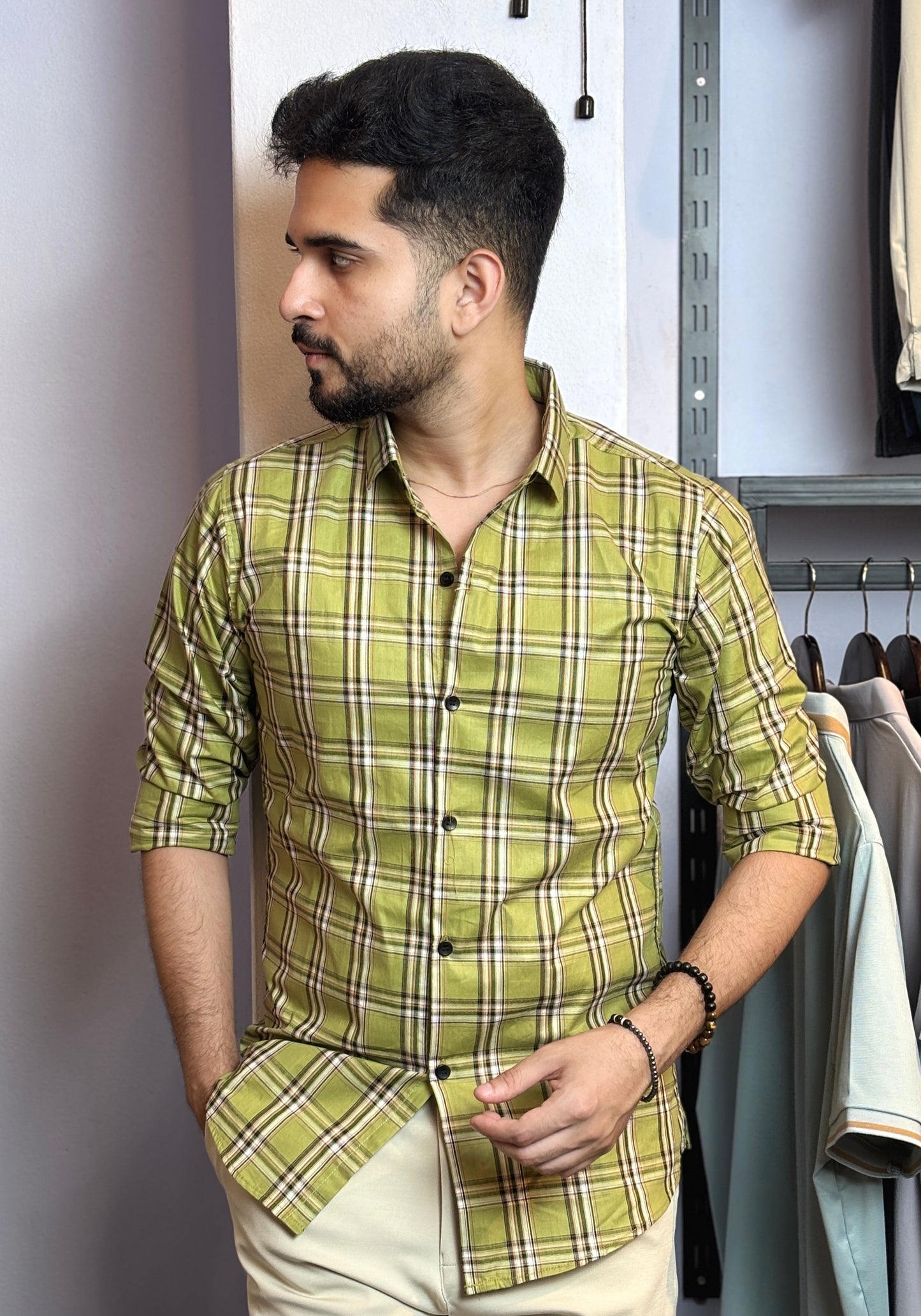 Light Olive Colour Check Shirt |ck