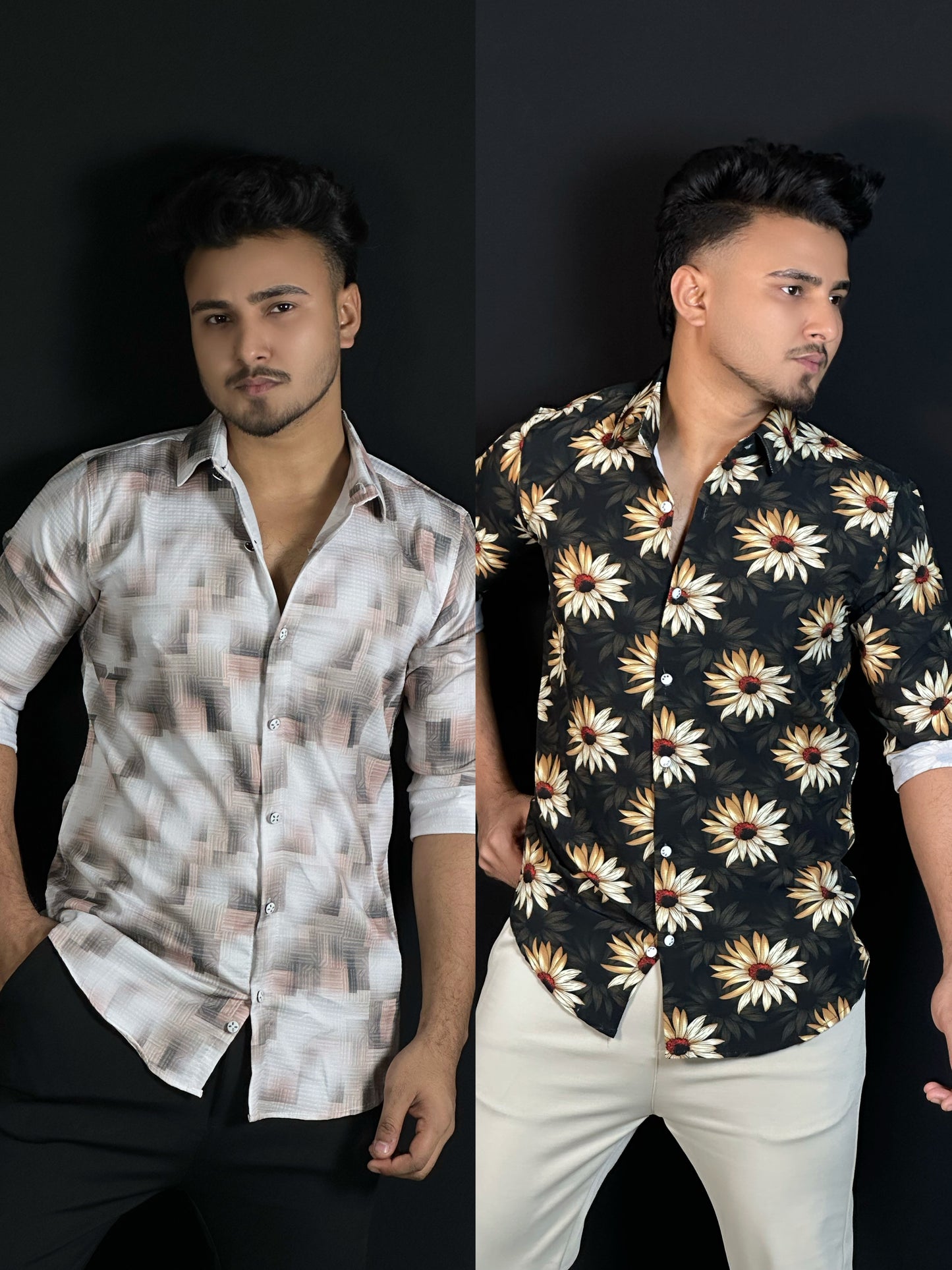ক্রিম হোয়াইট,ইয়েলো ব্ল্যাক, ২ পিস প্রিন্টেড শার্ট-Sunflower,Geo