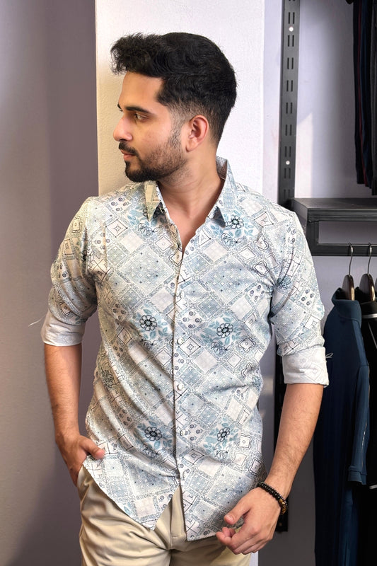 Sea Blue Flower Design Printed Shirt |Floral