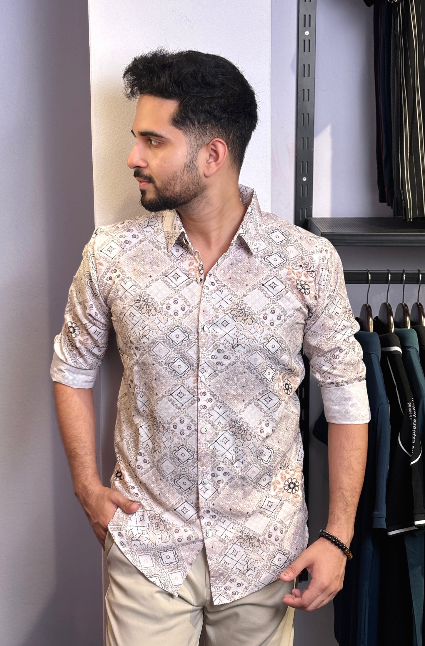 Camel Flower Design Printed Shirt |Floral
