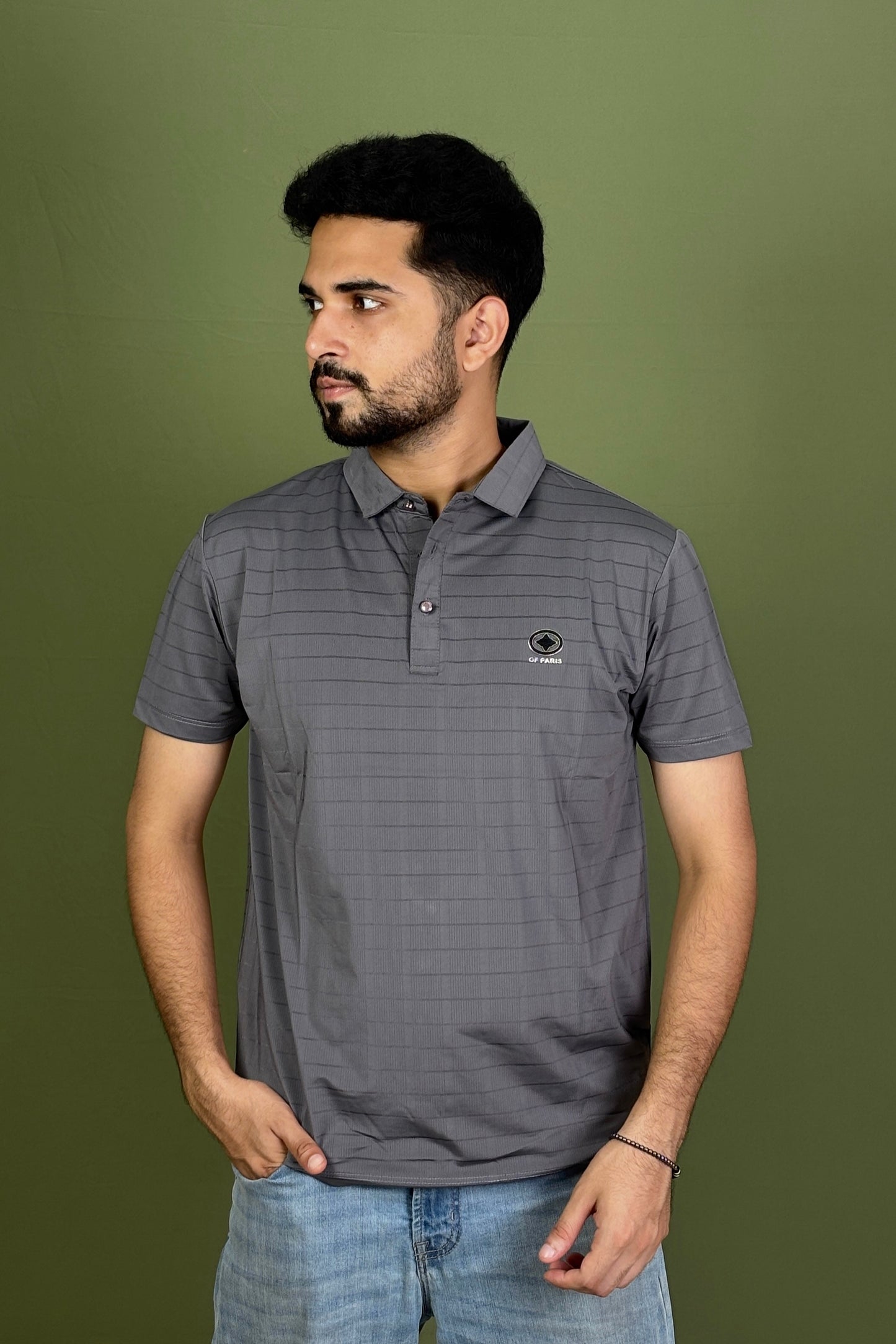 Gray Colour Stripe Polo T-Shirt |VSP