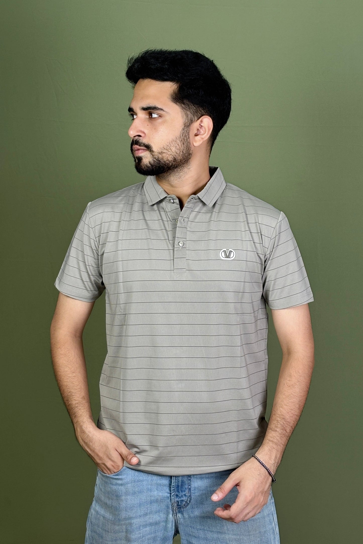 Silver Gray Colour Stripe Polo T-Shirt |VSP