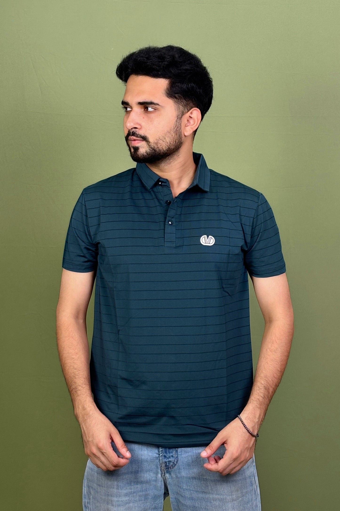 Bottle Green Colour Stripe Polo T-Shirt |VSP