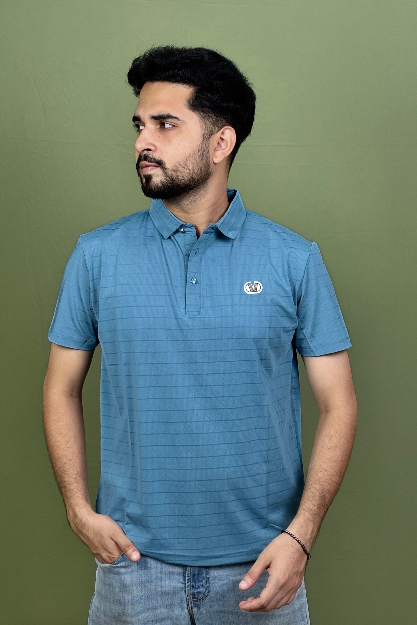 Sea Blue Colour Stripe Polo T-Shirt |VSP
