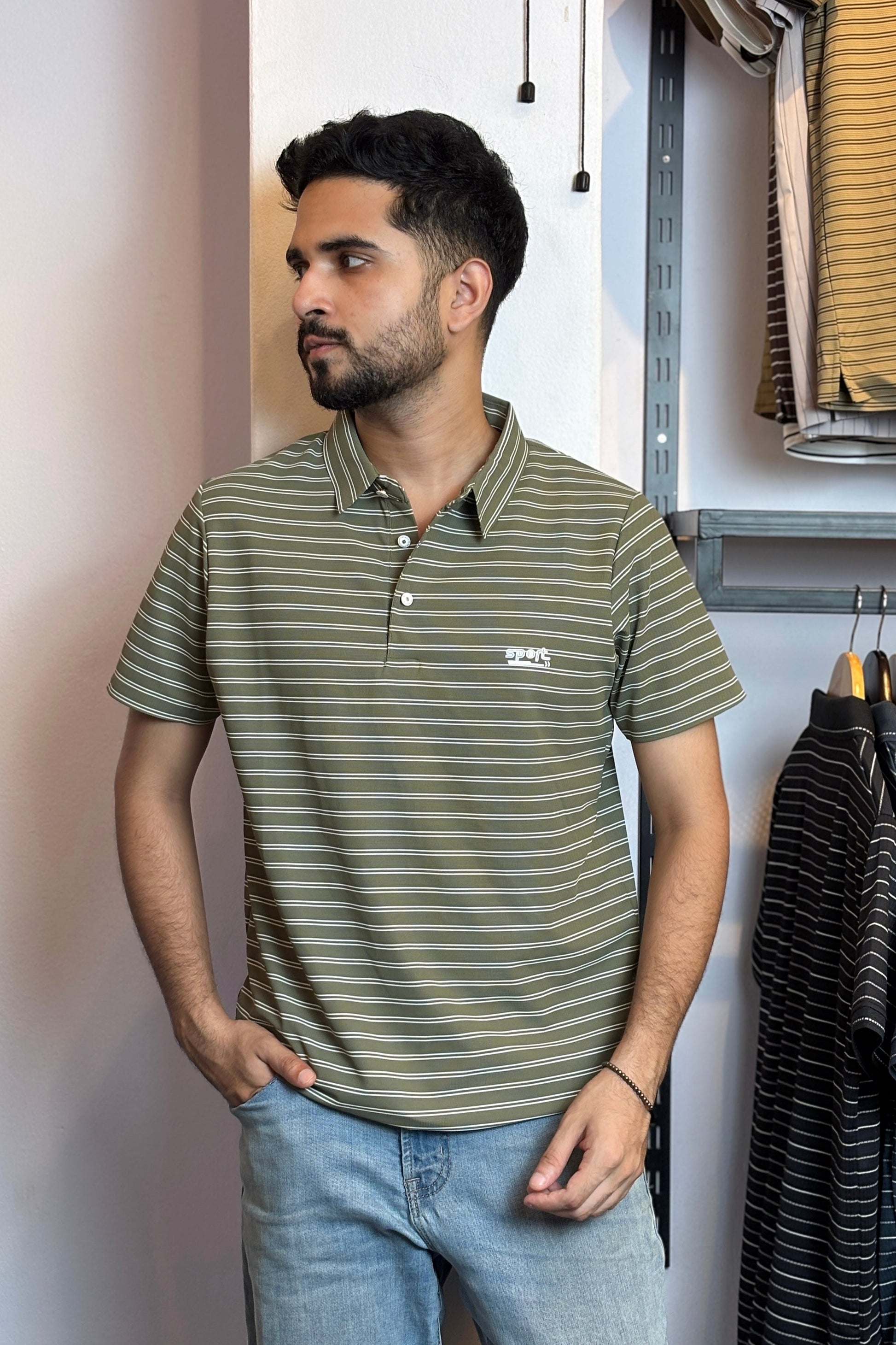 Olive Stripe Polo T-Shirt |TDS