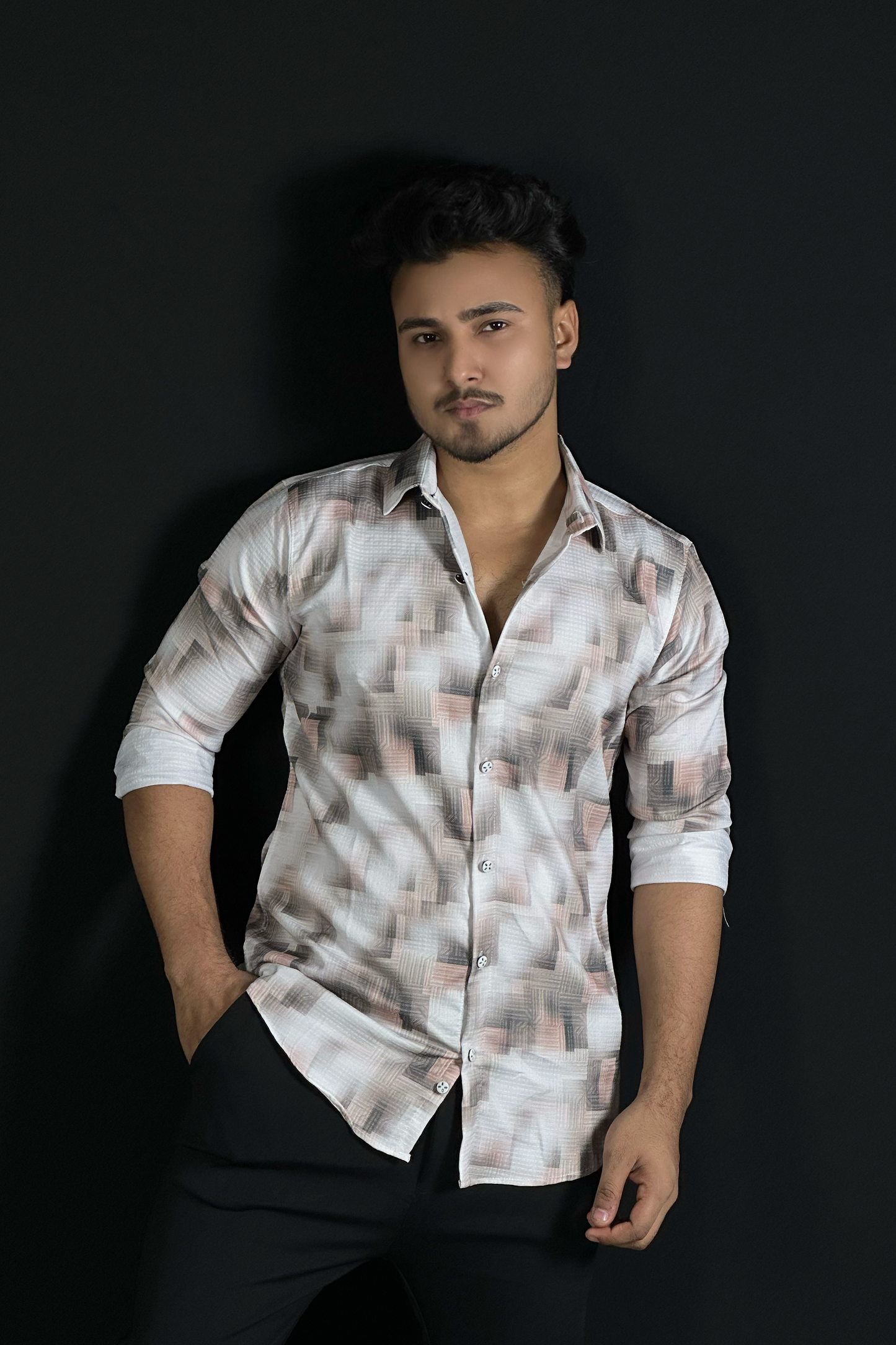 Cream White Printed Shirt-Geo