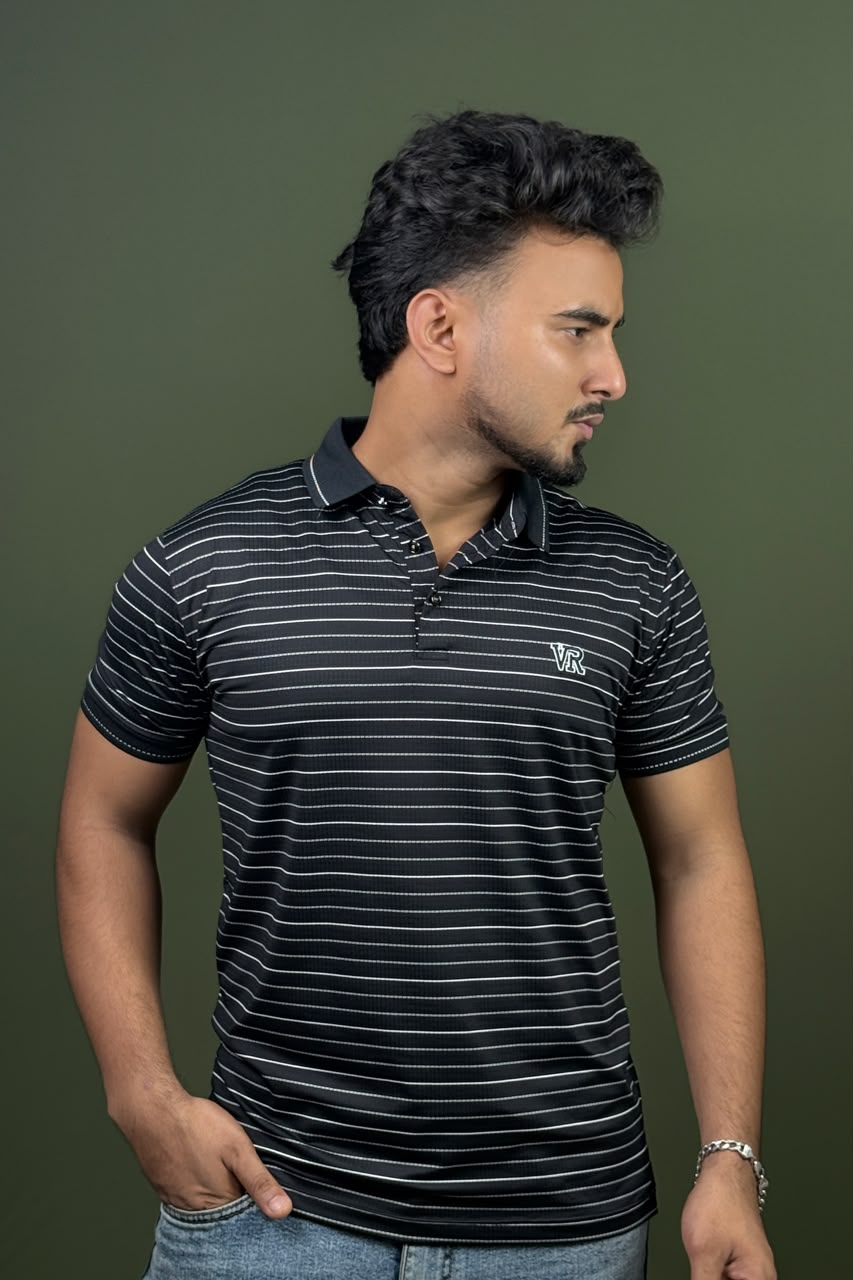 Black Colour White Stripe Polo T-Shirt |VR
