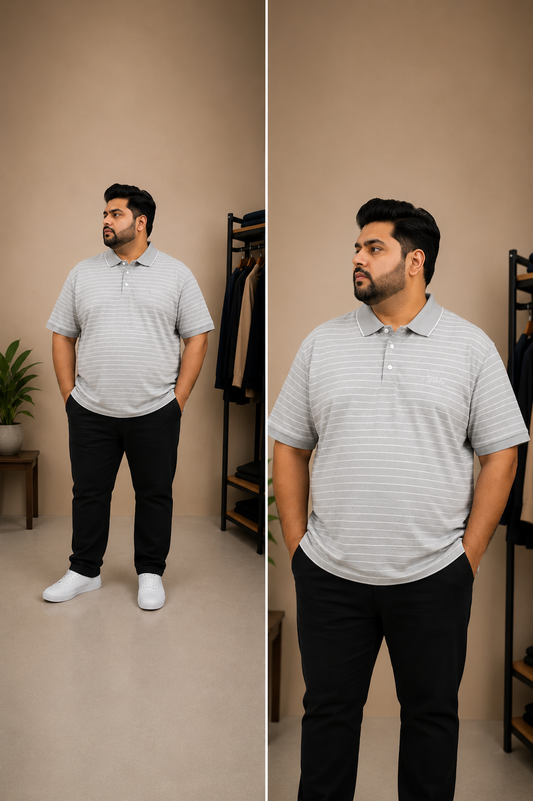 Light Cream Colour Stripe Polo T-Shirt |Plus